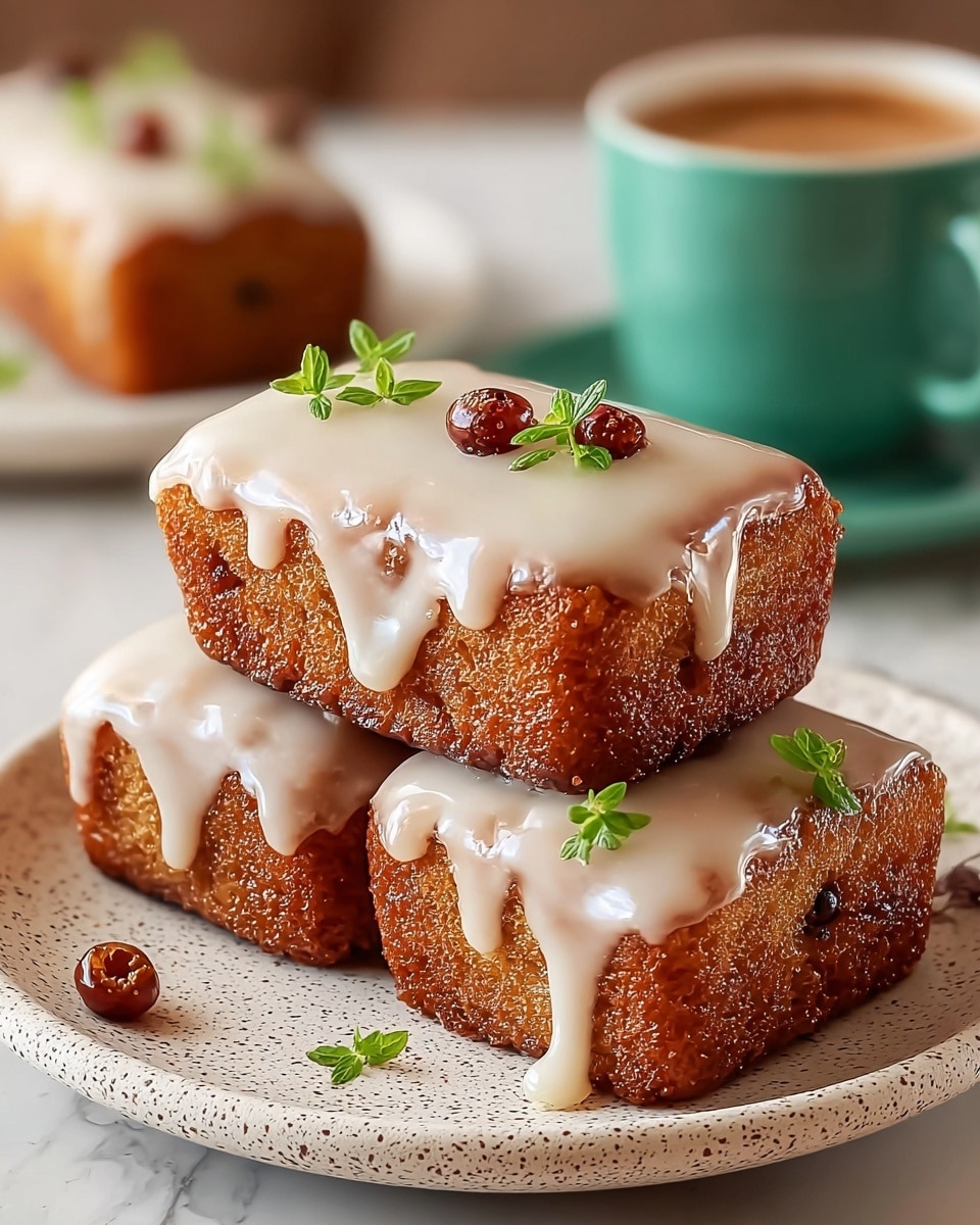 Three rectangular fried cakes are stacked on a white plate with a speckled pattern, each cake with a golden-brown crispy texture. The top of each cake is thickly covered with shiny, smooth white icing that drips over the edges. Small green herb leaves and reddish-brown berries are placed on the icing topping. In the soft-focused background, there is a blurred white plate with a similar cake and a teal cup filled with coffee, all set on a white marbled surface. Photo taken with an iphone --ar 4:5 --v 7