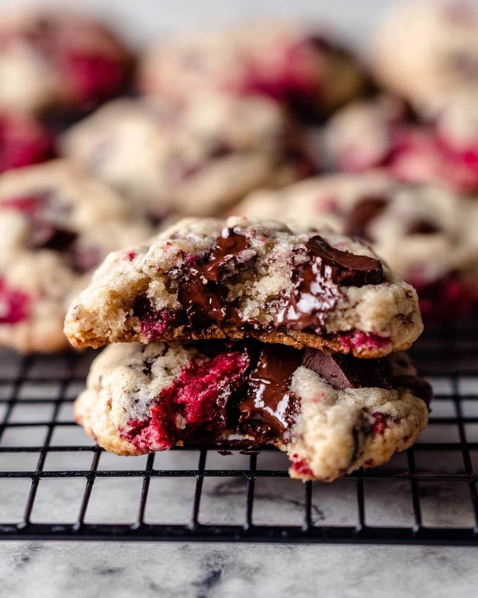 A close-up view of two cookies stacked, with the top cookie broken in half showing a gooey dark brown melted chocolate center. The cookies have a rough texture with a creamy light beige dough base mixed with scattered bright red berry pieces and dark chocolate chunks. The cookies rest on a black wire cooling rack, which sits on a white marbled surface that adds a soft contrast. Other similar cookies are blurred in the background, creating a warm and inviting feel. photo taken with an iphone --ar 4:5 --v 7
