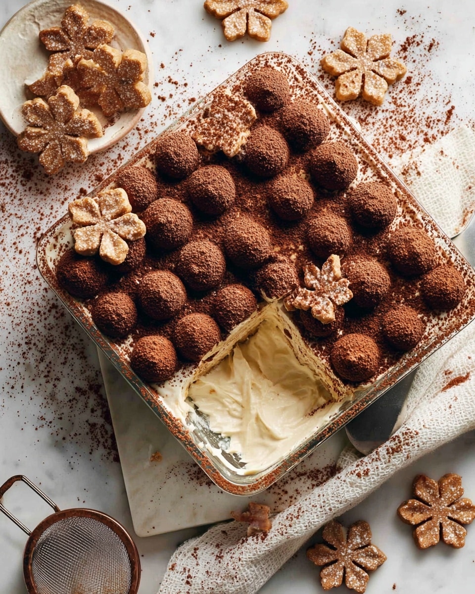A square glass dish contains a layered dessert with a top layer of round, dark brown cocoa-dusted dollops closely placed in rows, decorated with several light brown flower-shaped cookies sprinkled with sugar on top. One corner of the dish is missing the dessert, revealing a thick, smooth cream filling with a pale off-white color. The dish sits on a white marbled surface with a white cloth dusted with cocoa powder underneath on one side. Around the dish, there are more flower-shaped cookies, some whole and some broken, and a small strainer with cocoa powder. Photo taken with an iphone --ar 4:5 --v 7