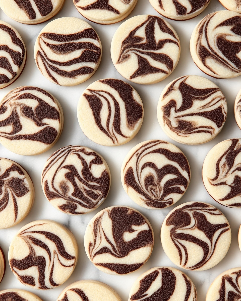The image shows many round cookies closely placed on a white marbled surface, each cookie having two color layers: a light cream base and dark brown swirled patterns on top. The swirls vary in shape on each cookie, creating a marbled look with smooth and slightly raised textures. The cookies are flat and uniform in size, arranged in neat rows covering the entire surface. photo taken with an iphone --ar 4:5 --v 7