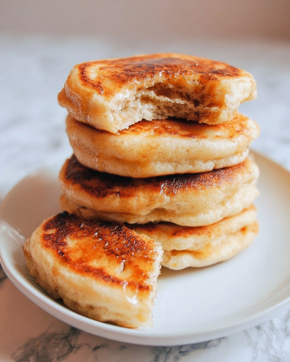 A stack of four thick, round pancakes with a golden-brown crust sits on a white plate, showing a fluffy and slightly uneven texture on each pancake. Next to the stack, one pancake is placed on its side, revealing a soft, light brown interior with melted butter or syrup seeping through, giving it a shiny, sticky look. The pancakes have a warm, inviting color with a soft contrast between the caramelized edges and the lighter center. The background is a soft white marbled texture. photo taken with an iphone --ar 4:5 --v 7