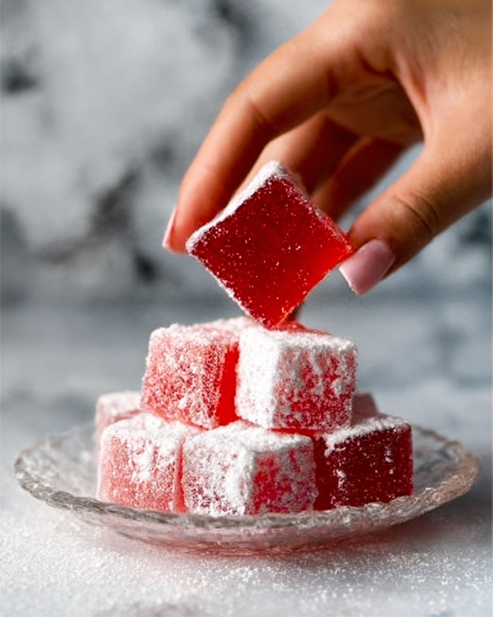 The image shows a tall stack of pink Turkish delight cubes dusted with white powdered sugar. Each cube has a soft, slightly translucent texture with a smooth surface, and the powdered sugar lightly coats the edges. The stack is arranged in a pyramidal shape on a small white plate, which has a few scattered powdered sugar granules around its base. The background is a white marbled texture, creating a clean and bright setting. Photo taken with an iphone --ar 4:5 --v 7
