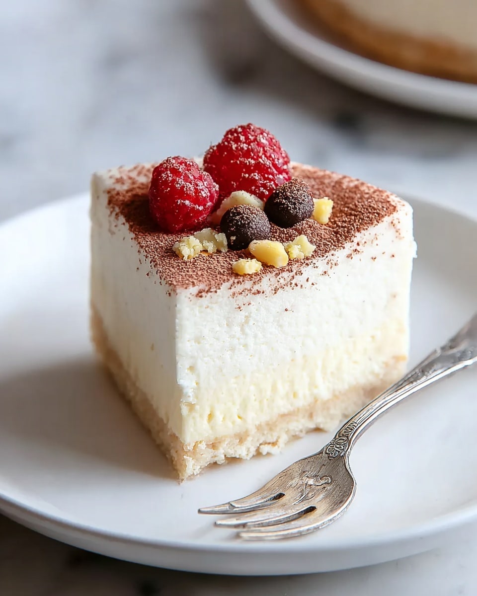 A slice of creamy white cheesecake sits centered on a white plate, showing three main layers: a thin pale crumbly crust at the bottom, a thick smooth and soft white cream cheese filling as the middle layer, and a light dusting of cocoa powder covering the top surface. On top of the cocoa powder, there are a few small red raspberries and dark brown small fruits sprinkled with tiny bits of light yellow crumbles. A silver fork with an ornate handle rests beside the cheesecake on the plate. The plate is on a surface with a white marbled texture. photo taken with an iphone --ar 4:5 --v 7