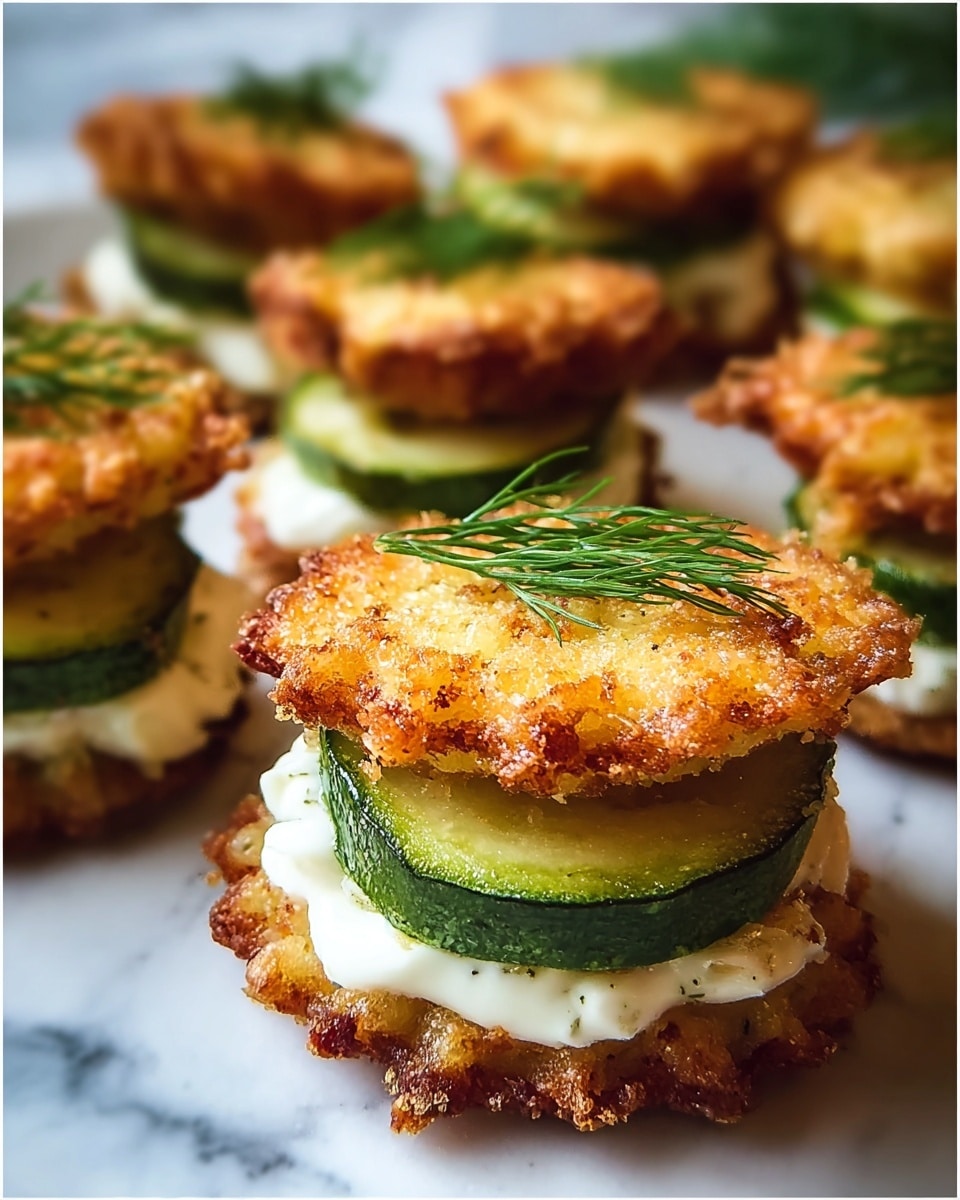 The image shows a close-up of small bite-sized stacks on a white plate with a white marbled surface in the background. Each stack has three layers: the bottom and top layers are crispy, golden-brown, round fritters with a slightly rough texture and scalloped edges; the middle layer is a thick, bright green slice of cooked zucchini with visible soft flesh and curved lines. Between the zucchini and the fritters is a creamy white spread that looks soft and smooth. Each stack is topped with a small sprig of fresh green dill, adding a touch of color and freshness. Photo taken with an iphone --ar 4:5 --v 7