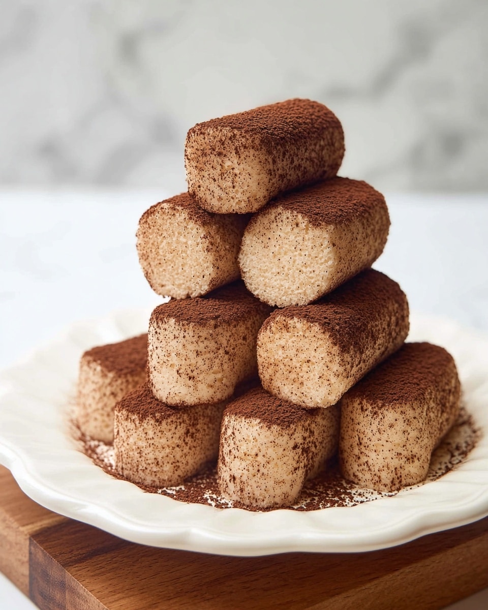 A stack of nine light beige cylindrical cakes covered evenly with a fine dark brown powder, arranged in a pyramid shape on a white plate with scalloped edges. The cakes have a slightly rough texture due to the powder, with three cylinders forming the base, then three more on top of them, followed by two, and one on the very top. The white plate sits on a wooden block set against a white marbled background. Photo taken with an iphone --ar 4:5 --v 7