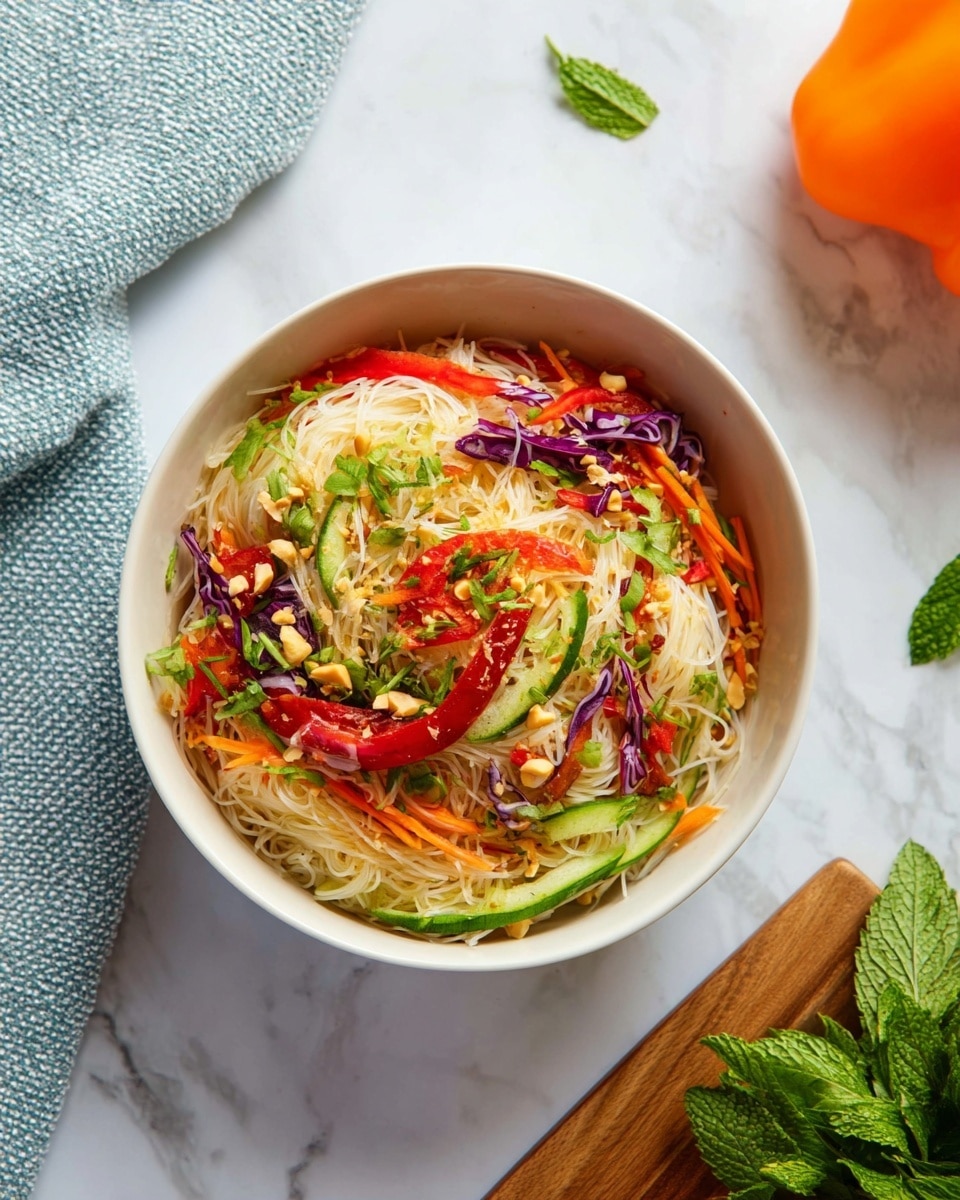 A clear glass bowl holds a colorful noodle salad with three main layers: the bottom layer is thin, pale yellow rice noodles, the middle layer consists of bright orange carrot sticks, thin red bell pepper strips, and some thin purple cabbage shreds, while the top layer is sprinkled with chopped green herbs, crushed peanuts, and small white sesame seeds. Two light wooden spoons rest inside the bowl, partially mixing the salad. The bowl sits on a white marbled surface with a blue cloth napkin nearby, an orange bell pepper on the right side, and some fresh green herbs on a wooden board at the bottom corner. Photo taken with an iphone --ar 4:5 --v 7