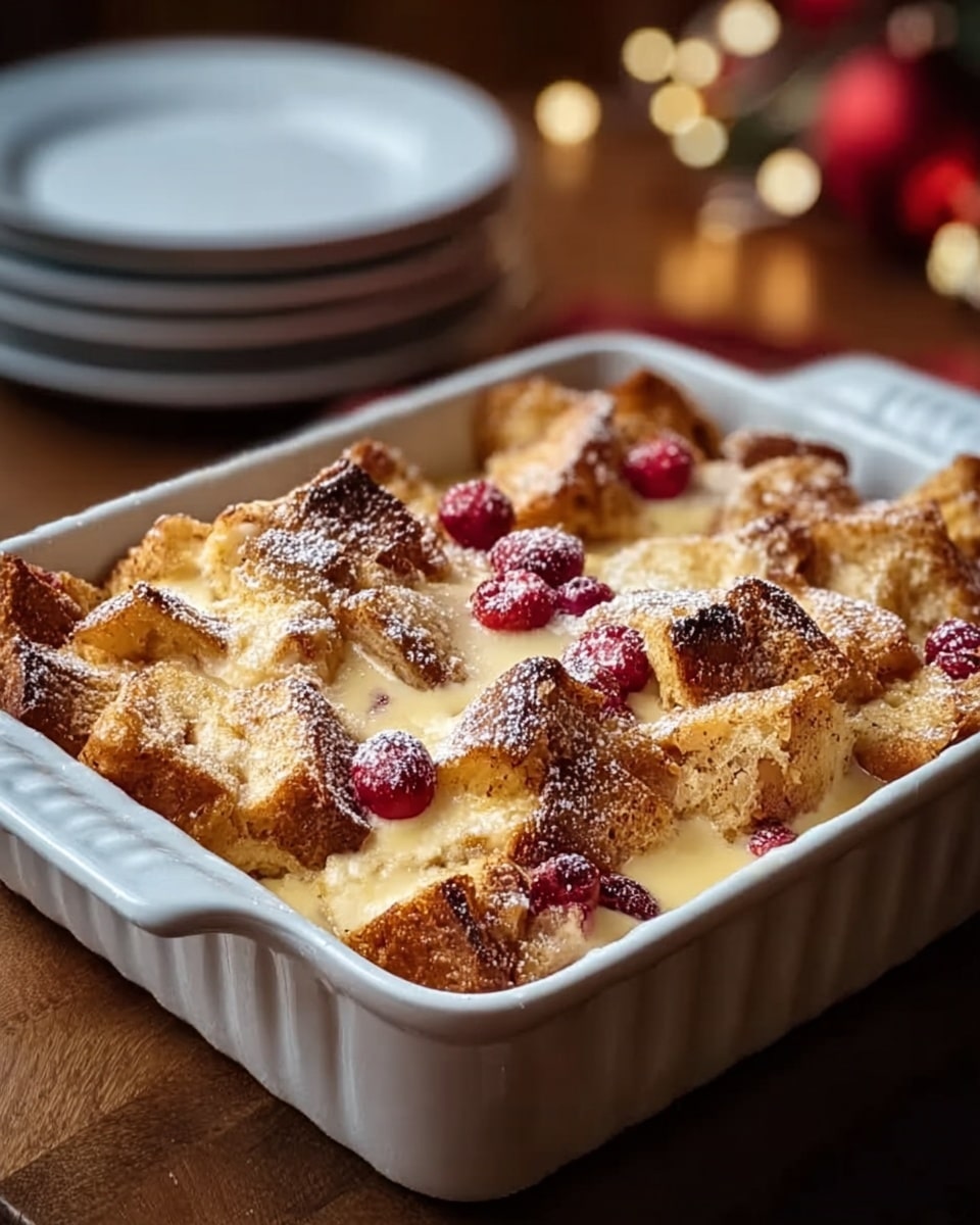 The image shows a white deep round dish filled with a bread pudding dessert. The top layer has golden-brown toasted bread pieces with a slightly crispy texture. Some bread pieces are dusted with white powdered sugar, adding a soft contrast. Scattered on top are small red fruit pieces embedded slightly into the creamy custard base visible between the bread chunks. The custard layer beneath looks smooth and light yellow, filling the gaps between bread and rising close to the dish rim. The dish is placed on a white marbled surface. Photo taken with an iphone --ar 4:5 --v 7