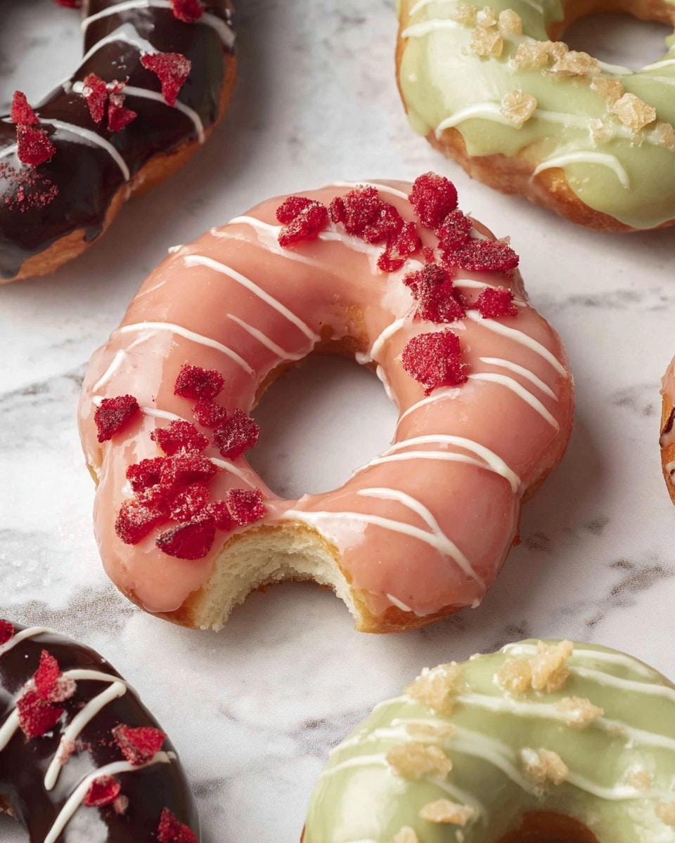 The image shows nine round ring-shaped donuts with eight bubbly segments each, placed on crumpled white parchment on a white marbled surface. There are three color types: dark chocolate brown with white drizzle and some having a slight golden shimmer; soft pink with white drizzle and small dried red fruit pieces on top; and light green with white drizzle and sprinkled with light brown crumbs. The donuts are spaced randomly, showing shiny, smooth icing textures and small toppings clearly, with no plate or utensil visible. photo taken with an iphone --ar 4:5 --v 7