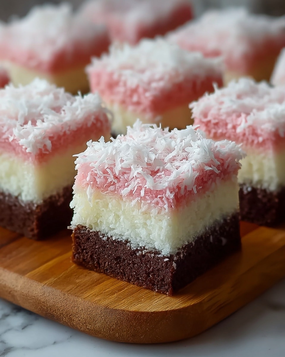 The image shows square layered cakes presented on a wooden board. Each piece has three clear layers: the bottom layer is dark brown and dense, resembling chocolate cake; the middle layer is off-white and creamy with a coarse texture, likely coconut; the top layer is pink, soft, and smooth, covered with white shredded coconut on the surface, adding texture and contrast. The cakes are neatly cut with straight edges. The background is a white marbled texture. photo taken with an iphone --ar 4:5 --v 7