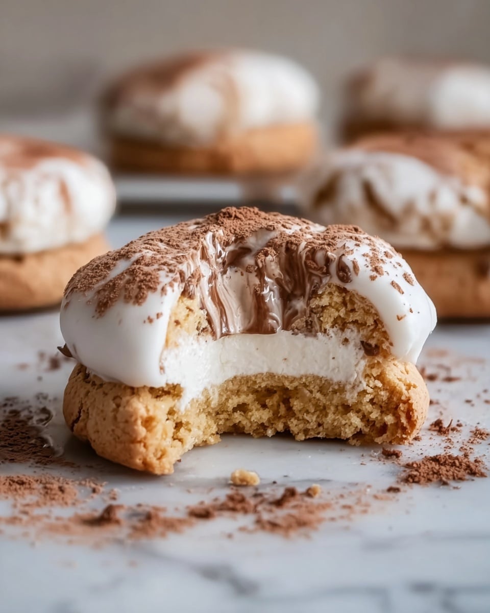 The image shows a close-up of a round biscuit with three visible layers, sitting on a white marbled surface. The bottom layer is golden brown and slightly crumbly, the middle layer is a lighter beige with a soft texture, and the top layer consists of white icing with powdery brown cocoa sprinkled on top. The biscuit has cracks with the icing oozing out, and some cocoa powder is scattered on the surface nearby. In the background, blurred similar biscuits are visible. Photo taken with an iphone --ar 4:5 --v 7
