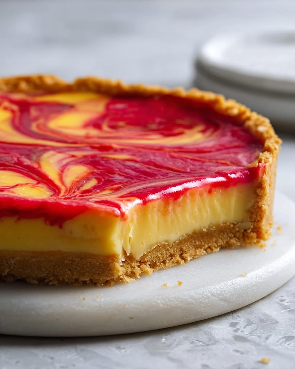 The image shows a close-up of a tart with three visible layers. The bottom layer is a crumbly, golden brown crust forming the base and sides. Above this is a smooth yellow layer that looks creamy, slightly marbled with red in places. The top layer is a thick, bright red with swirls of yellow creating a marbled pattern across the surface. The tart is placed on a round white marble board and the background has a soft, blurry white marbled texture. Photo taken with an iphone --ar 4:5 --v 7