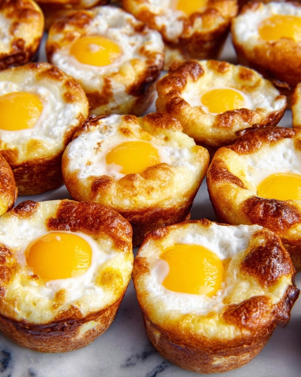 Several small round egg muffins are arranged closely on a shiny white marbled surface. Each muffin has two main layers: a thick, golden brown baked base with a slightly crisp texture, and a top layer of white, fluffy baked egg whites with patches of light browning. Bright yellow, slightly runny egg yolks sit on top of the egg white layer, slightly sunken into the center. The muffins show uneven browned spots, giving a rustic and homemade look. The photo taken with an iphone --ar 4:5 --v 7