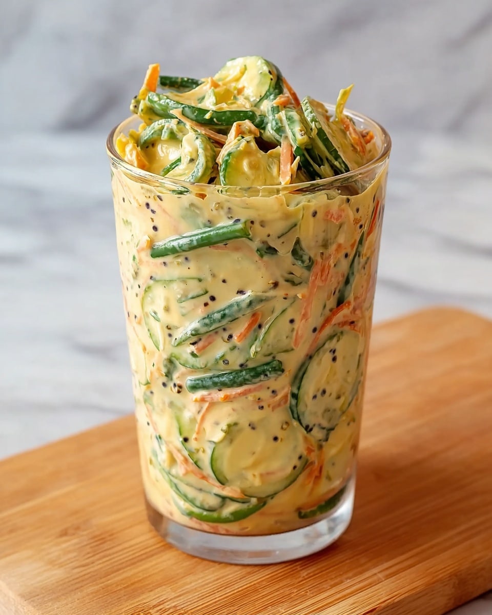 A tall clear glass filled with a creamy salad made of multiple layers of thin green cucumber slices, long green beans, and orange carrot strips, all coated in a thick pale yellow sauce with visible tiny black seeds sprinkled throughout. The salad is mixed so the vegetables appear evenly distributed inside the glass, showing a textured mix of smooth, crunchy, and soft elements. The glass stands on a light brown wooden board, with a white marbled texture in the background. photo taken with an iphone --ar 4:5 --v 7