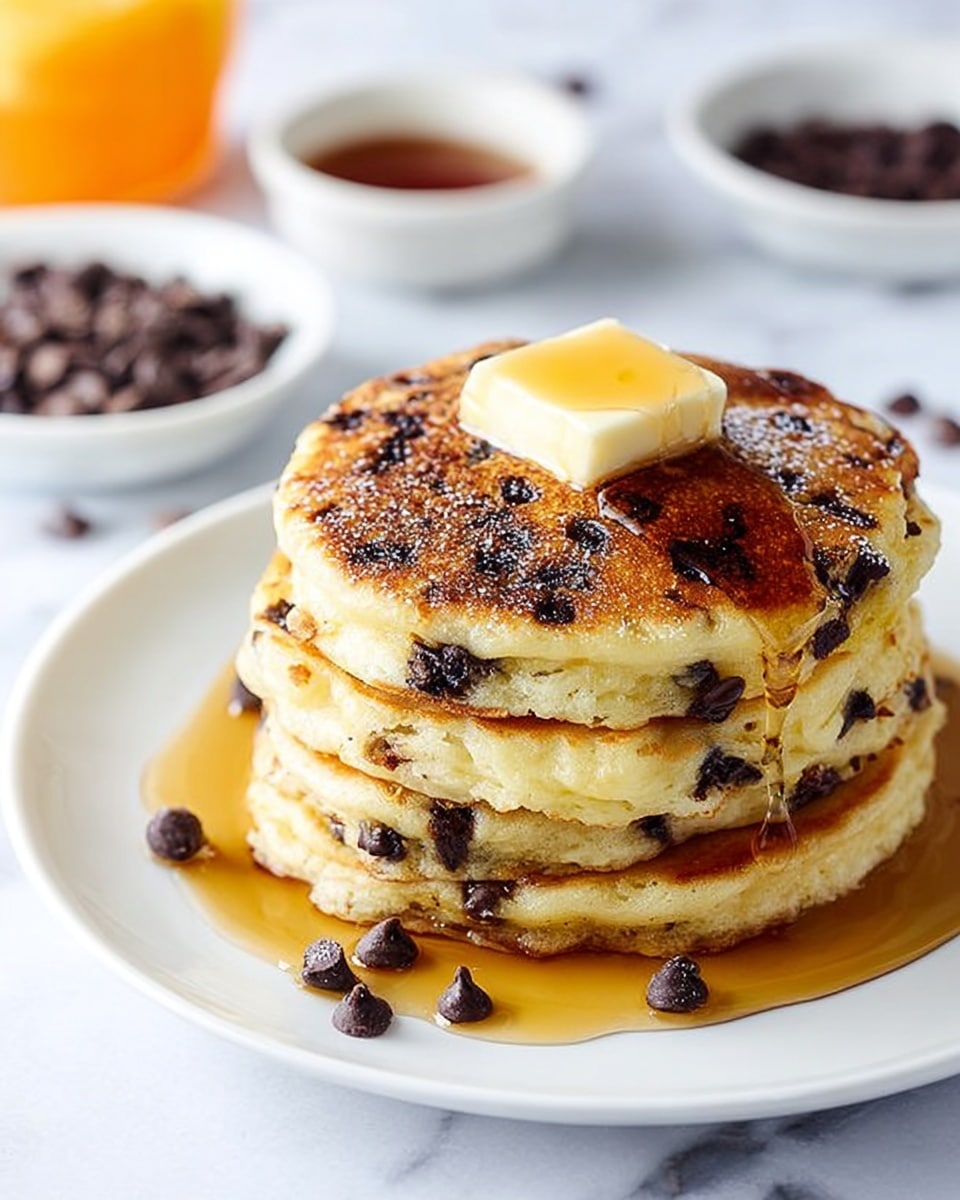 A stack of four thick golden-brown pancakes filled with dark chocolate chips sit in the center of a white plate on a white marbled surface. The pancakes have a soft, fluffy texture with small melted chocolate chips throughout each layer. On top of the stack, there is a square pat of melting butter glistening under soft light, with syrup flowing down the sides and pooling on the plate around the base. Scattered chocolate chips lie on the plate near the stack. In the background, there are small white bowls with additional chocolate chips and syrup that are slightly out of focus. Photo taken with an iphone --ar 4:5 --v 7
