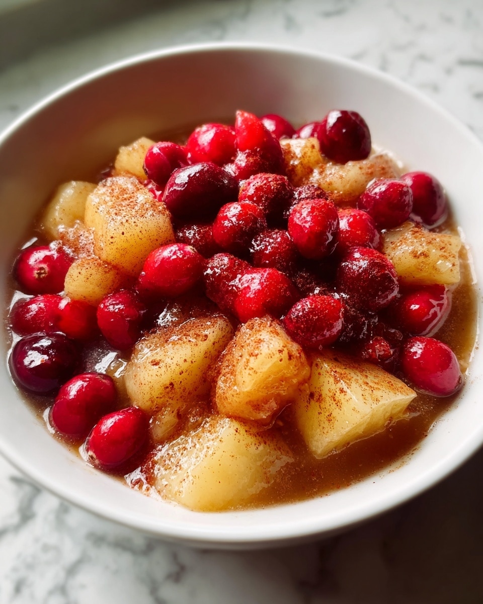 A close-up view of a white bowl filled with a warm fruit dish, showing two main layers: a bottom layer of soft, well-cooked light yellow chunks of fruit, possibly apples or pears, coated in a slightly shiny syrup, and a top layer of bright red whole berries, likely cranberries, sprinkled with a light dusting of brown cinnamon powder, all sitting on a white marbled surface. The fruit looks juicy and tender with a glossy texture from the syrup. Photo taken with an iphone --ar 4:5 --v 7
