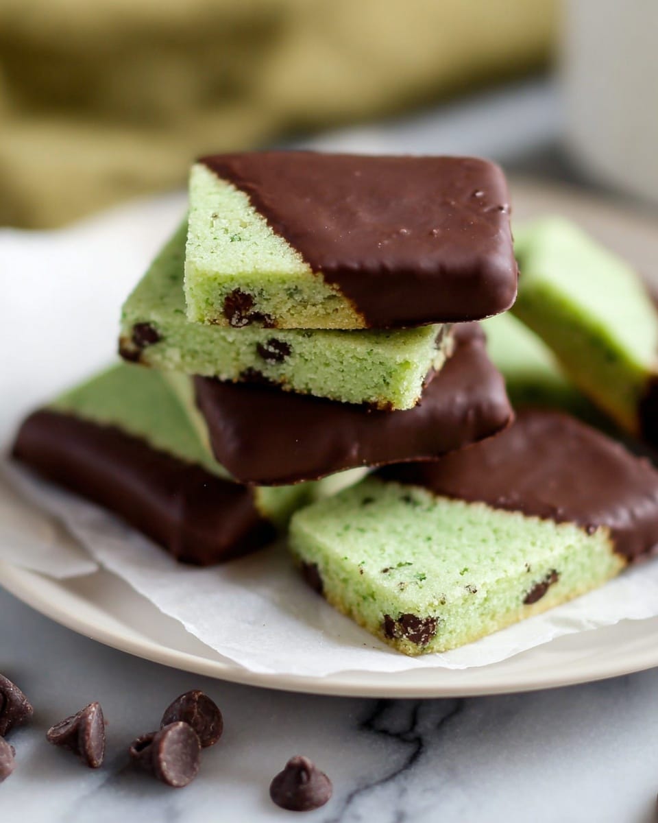 A stack of thin, square green shortbread cookies with small dark chocolate chips inside, each dipped halfway in smooth, glossy dark chocolate, arranged on white parchment paper on a white plate. Around the plate, a few loose dark chocolate chips add extra detail. The cookies have a soft, crumbly texture with a rich contrast between the minty green part and deep brown chocolate-dipped edges. The background is a white marbled texture. photo taken with an iphone --ar 4:5 --v 7