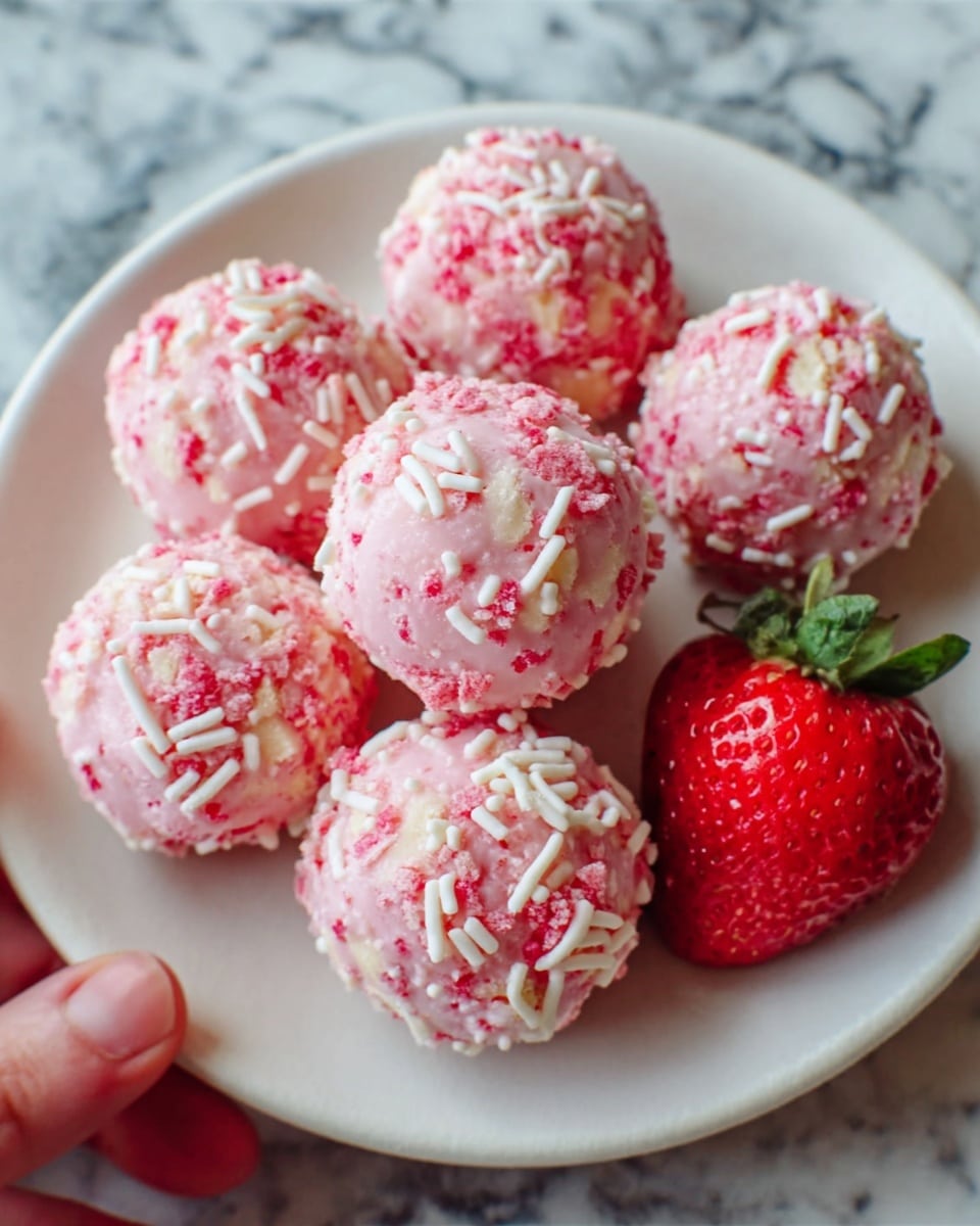 A white plate holds seven round pink dessert balls coated with small pink and white pieces giving a textured look. Each ball has white stick-like sprinkles on the surface. The plate also has two fresh red strawberries with green leaves on one side. The background is a white marbled texture, and a woman's hand is seen gently touching one of the dessert balls. Photo taken with an iphone --ar 4:5 --v 7