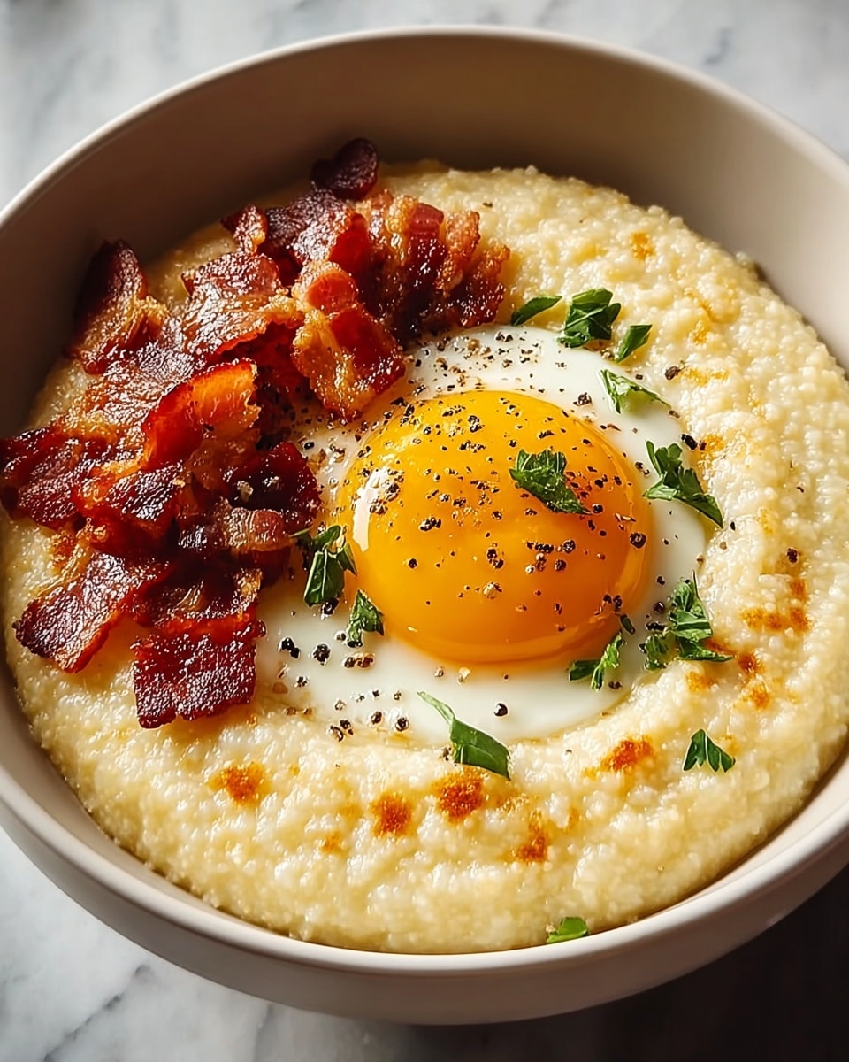 A close-up image of a bowl with three main layers: the bottom layer is creamy, pale yellow grits with a smooth, slightly grainy texture filling the bowl evenly; on top of the grits is a round, fried egg with a bright yellow yolk in the center surrounded by white, slightly crispy edges; next to the egg is a pile of crispy, reddish-brown bacon bits that have a slightly curled texture. Small green parsley leaves and black pepper flakes are sprinkled over the egg and bacon for garnish. The bowl is white, and the scene is set on a white marbled surface. Photo taken with an iphone --ar 4:5 --v 7