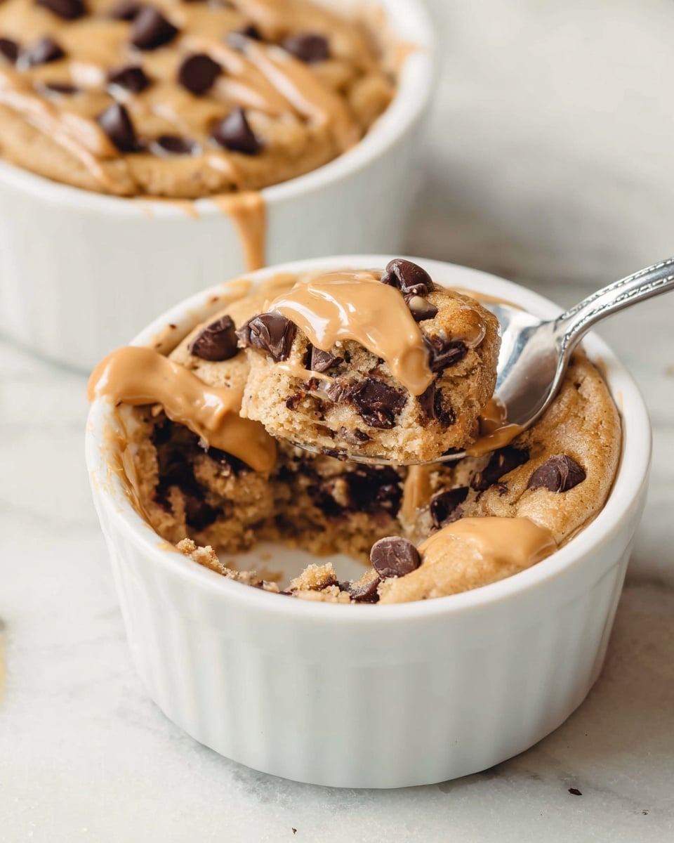 A close-up of two white ramekins filled with a soft, golden-brown baked cookie dough base mixed with chocolate chips. Each ramekin has a creamy, light brown peanut butter sauce drizzled thickly over the top, with some chocolate chips visible on the surface. One ramekin is in focus with a spoon scooping out a gooey portion of the cookie, showing its moist and chunky inside with melted chocolate. The background is a white marbled texture. photo taken with an iphone --ar 4:5 --v 7