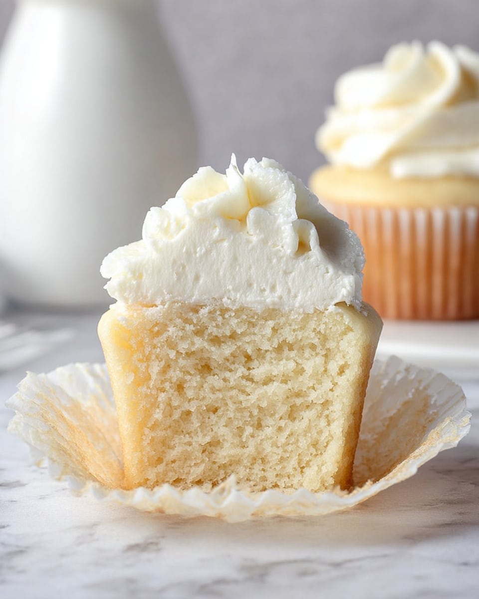 The image shows a cupcake with three layers visible: the bottom layer is a slightly golden brown cake base, the middle layer is a light, fluffy pale yellow cake, and the top layer is thick, soft white frosting with a smooth but slightly textured surface. The cupcake liner is white and partially peeled back, resting on a white marbled surface. In the background, a whole cupcake with white frosting swirled on top and a white vase are slightly out of focus. Photo taken with an iphone --ar 4:5 --v 7