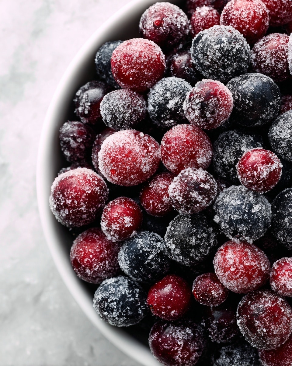 A close-up view of a white bowl filled with a pile of shiny red and dark purple berries coated in large, sparkling sugar crystals, with the sugar adding a rough, textured layer over the smooth, round surfaces of the berries, all set against a soft white marbled background. photo taken with an iphone --ar 4:5 --v 7