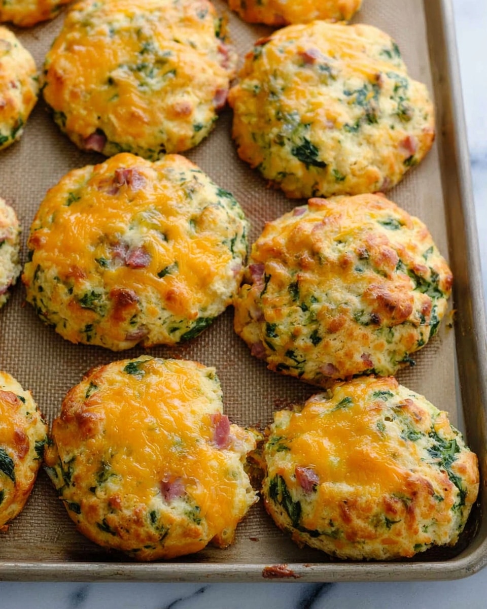 The image shows a tray filled with several round, golden-brown savory biscuits topped with melted orange cheddar cheese. Each biscuit has a rough texture with visible green spinach pieces and small chunks of pink ham mixed throughout the dough, giving them a colorful, uneven appearance. The baked biscuits are placed close together on a baking sheet lined with a baking mat, and the overall look is warm and homey. The background is a white marbled texture. photo taken with an iphone --ar 4:5 --v 7