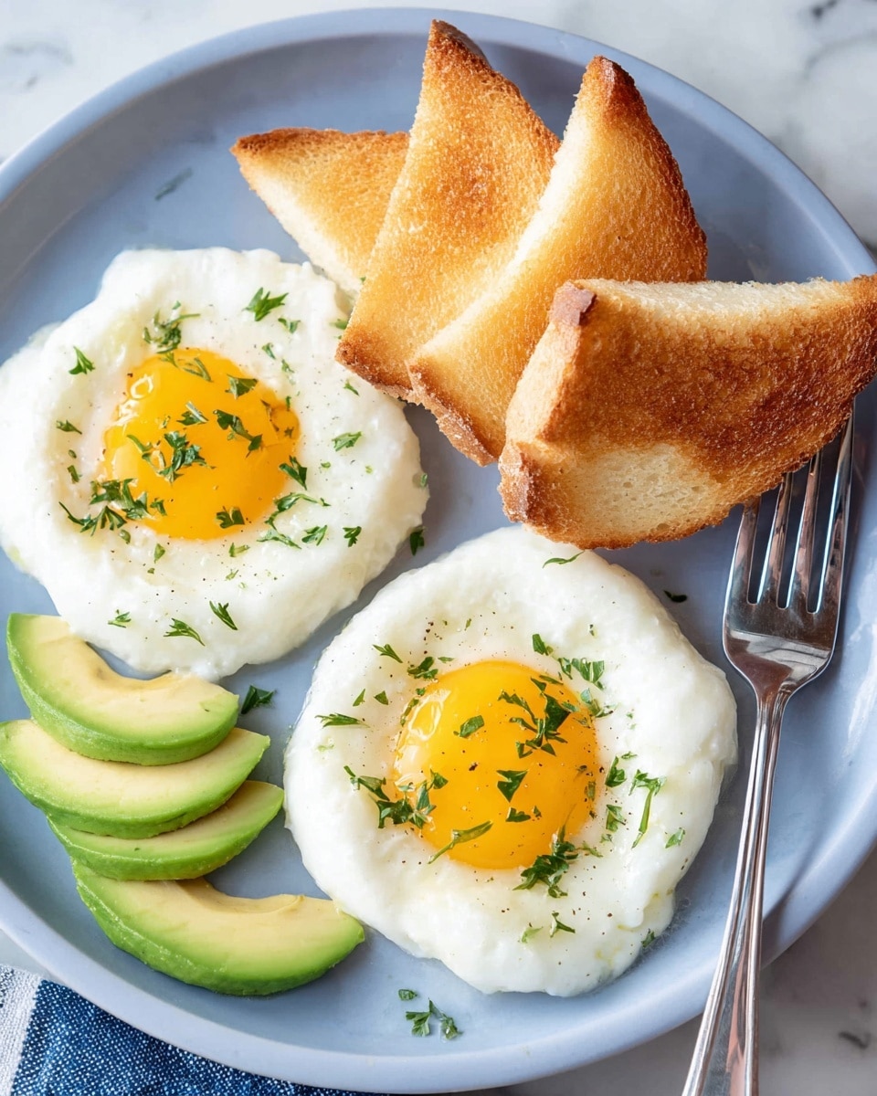 Two cloud eggs with fluffy, white, whipped egg whites forming a thick, round base and a glossy, bright yellow yolk nestled in the center of each, sprinkled lightly with green herbs. Next to the eggs, there are three triangular pieces of golden brown toasted bread with a crisp texture. On the left side of the plate, three pale green slices of avocado are neatly arranged. All items are served on a white plate placed on a white marbled surface, with a silver fork resting near the toast. Photo taken with an iphone --ar 4:5 --v 7