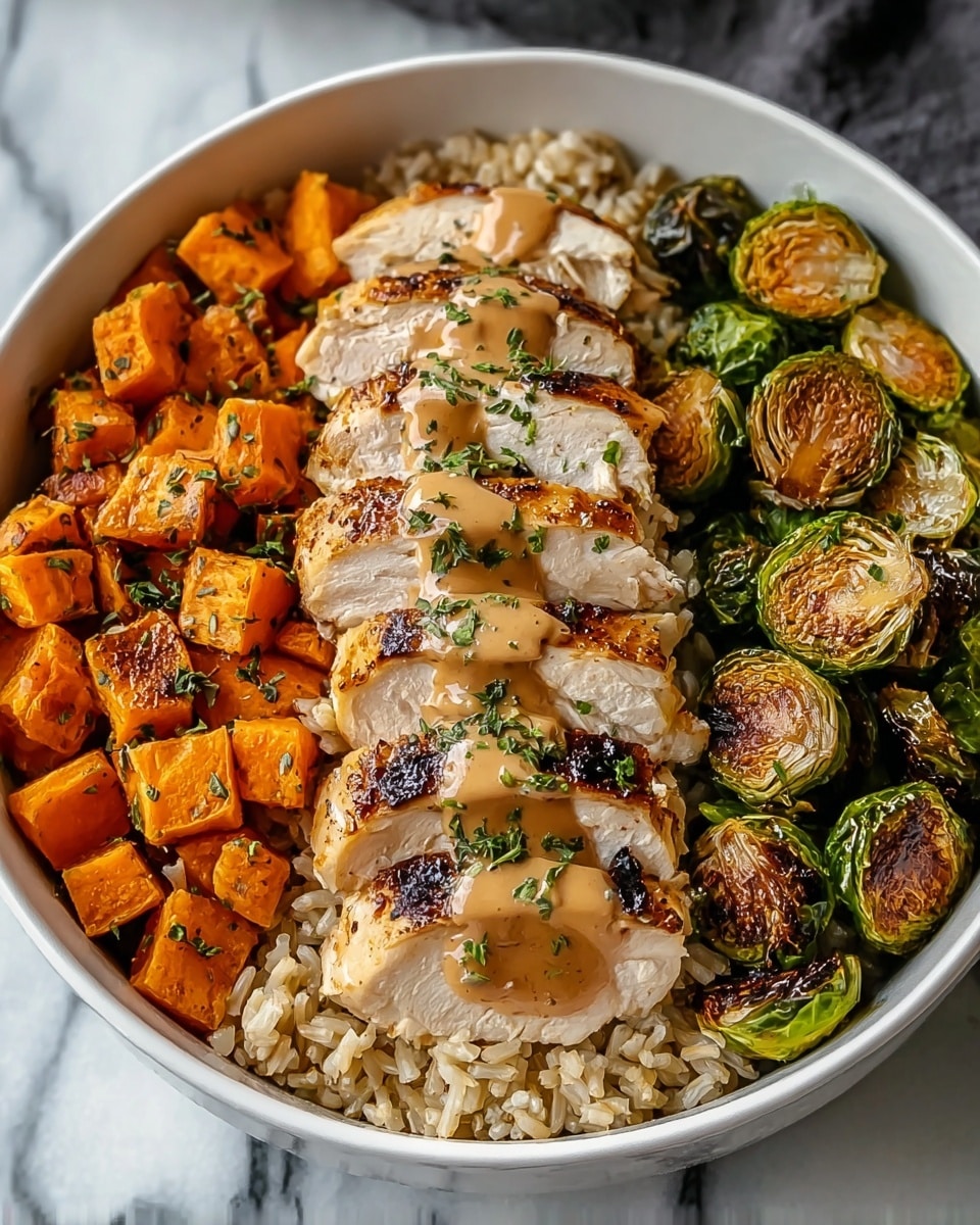 A white bowl filled with three thick slices of grilled chicken breast placed in the center, each slice topped with drizzles of light brown sauce and small sprinkles of green herbs. To the left of the chicken is a layer of bright orange roasted sweet potato cubes with slightly charred edges. On the right side, there is a layer of halved roasted Brussels sprouts showing green and golden-brown caramelized surfaces. Underneath all the toppings is a base layer of fluffy light brown rice. The bowl sits on a surface with a white marbled texture. photo taken with an iphone --ar 4:5 --v 7