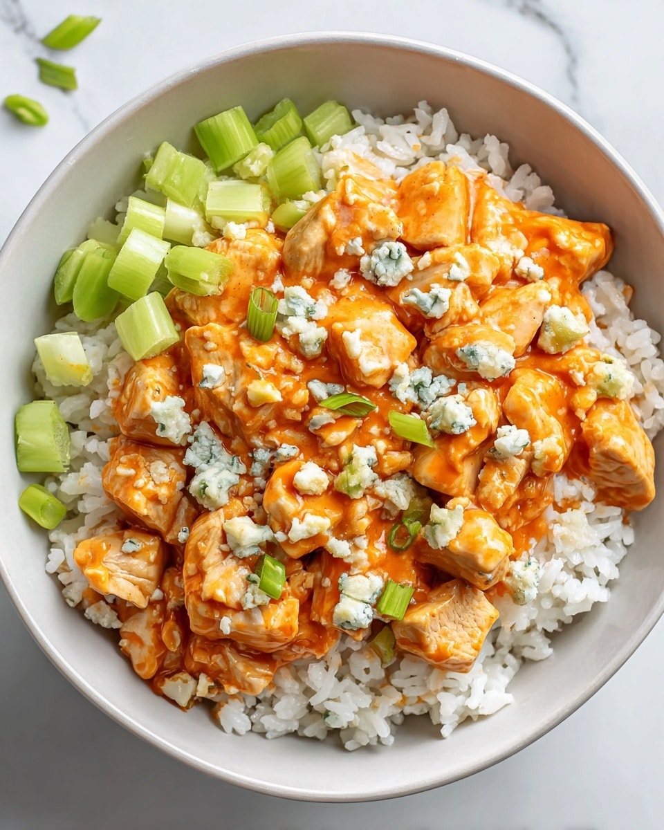 A white bowl sits on a white marbled surface filled with three main layers: the bottom layer is fluffy cooked white rice with soft texture and slightly sticky grains; the middle layer consists of thick orange buffalo sauce generously covering bite-sized pieces of tender cooked chicken with a moist, slightly shiny appearance; the top layer features bright green chunks of celery and small scattered bits of crumbly blue cheese. photo taken with an iphone --ar 4:5 --v 7