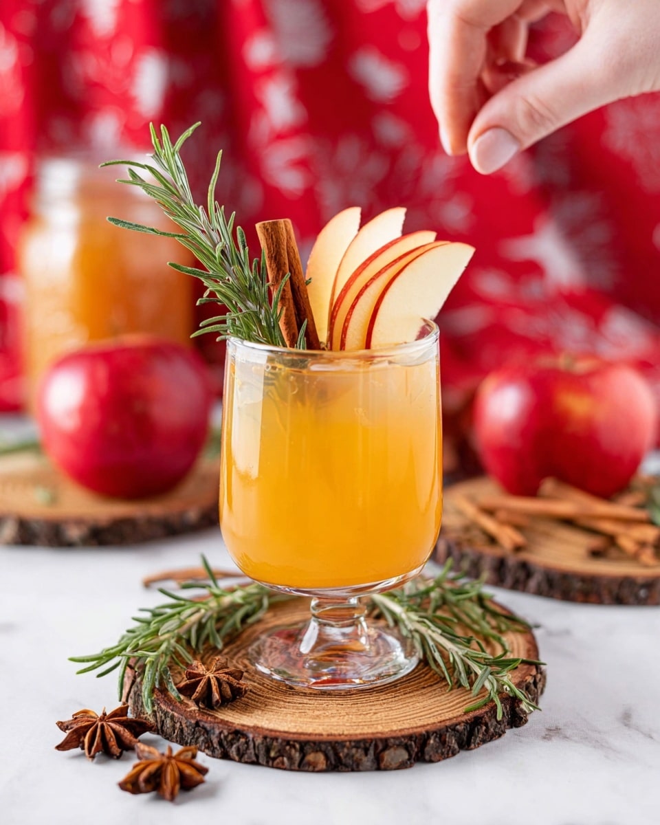 A clear round glass filled with a bright orange drink sits on a rustic wooden coaster. The drink is decorated with three thin apple slices fanned out and placed vertically inside the glass at the back, a fresh green rosemary sprig, and a brown cinnamon stick standing upright on the left side. A woman's hand is gently touching the cinnamon stick. Around the glass on the white marbled surface are scattered rosemary sprigs, cinnamon sticks, and a star anise. In the background, red apples rest on wooden slices with a red cloth featuring a white pattern draped behind them, along with a red jar that is slightly blurred. photo taken with an iphone --ar 4:5 --v 7