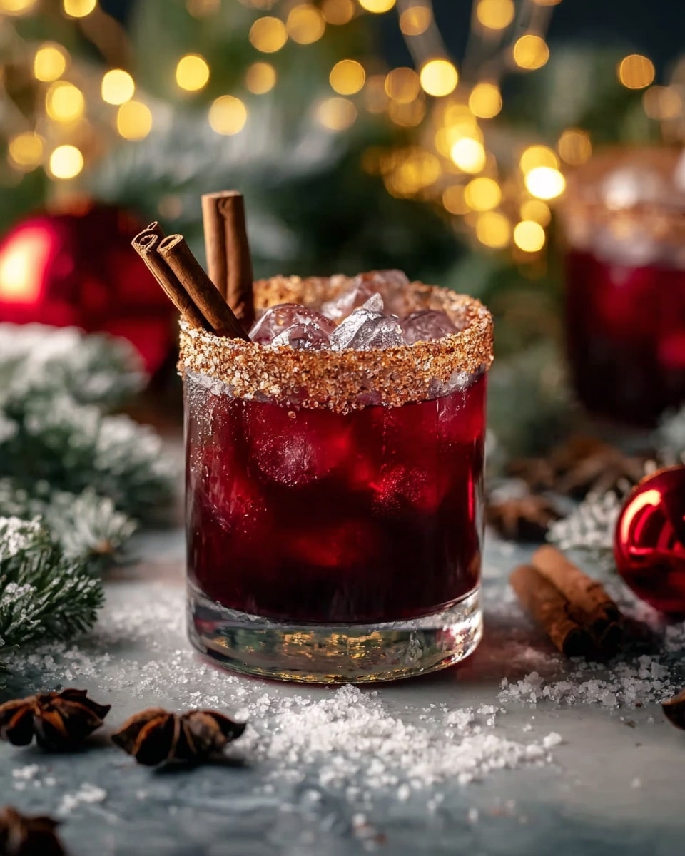 A short clear glass filled with deep red liquid and ice cubes is shown, with a layer of coarse salt and brown spice around the rim, and two cinnamon sticks placed inside the drink standing upright. The glass is on a white marbled surface scattered with coarse salt and star anise pieces. In the background, blurred details include soft yellow lights, green pine branches dusted with white, and red Christmas ornaments adding holiday charm. photo taken with an iphone --ar 4:5 --v 7