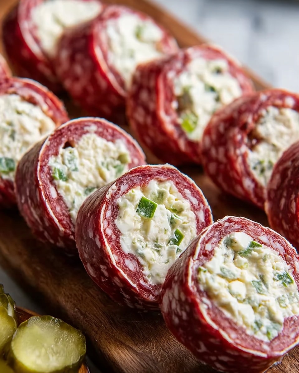 The image shows ten salami roll-ups arranged neatly on a wooden cutting board, each roll having three visible layers: an outer layer of pink salami with white fat spots, a middle layer of white cream cheese, and an inner layer of green cucumber slices. The board is placed on a light beige cloth, next to small jars of green mustard, fresh spinach leaves, red chili peppers, two small pickles, and a knife with a silver blade and black handle, all set on a white marbled surface. The lighting is natural, highlighting the textures and colors of the ingredients. photo taken with an iphone --ar 4:5 --v 7