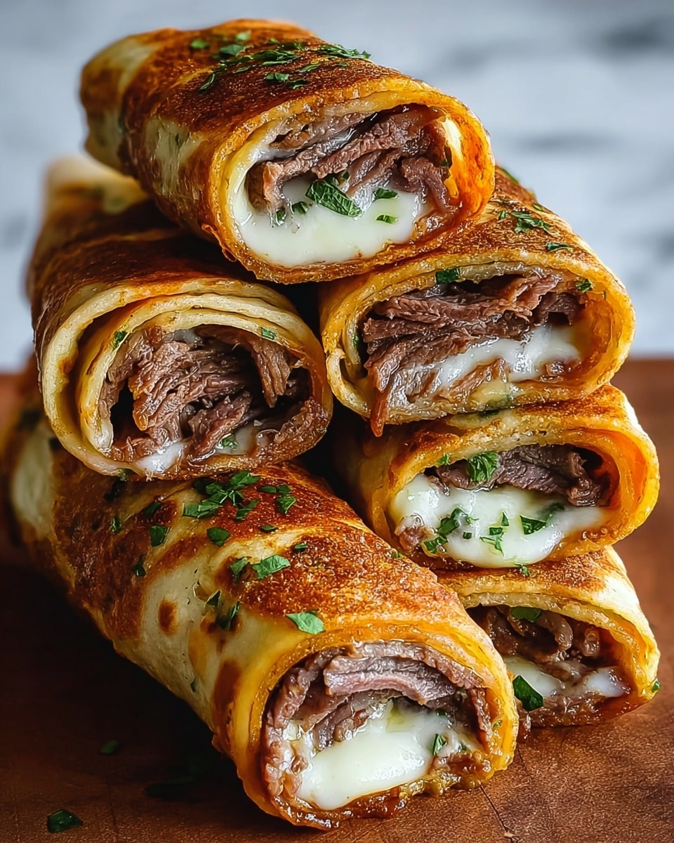 The image shows three rolled tortillas, each filled with layers of shredded, juicy brown beef and melted white and orange cheese. The outer tortillas are golden brown with some darker toasted spots and small green herb pieces sprinkled on top. The tortillas are stacked closely together on a wooden surface, and the filling looks rich and gooey, with cheese slightly oozing out. The whole scene is warm and inviting, with a close-up view that highlights the textures of the meat and cheese. photo taken with an iphone --ar 4:5 --v 7