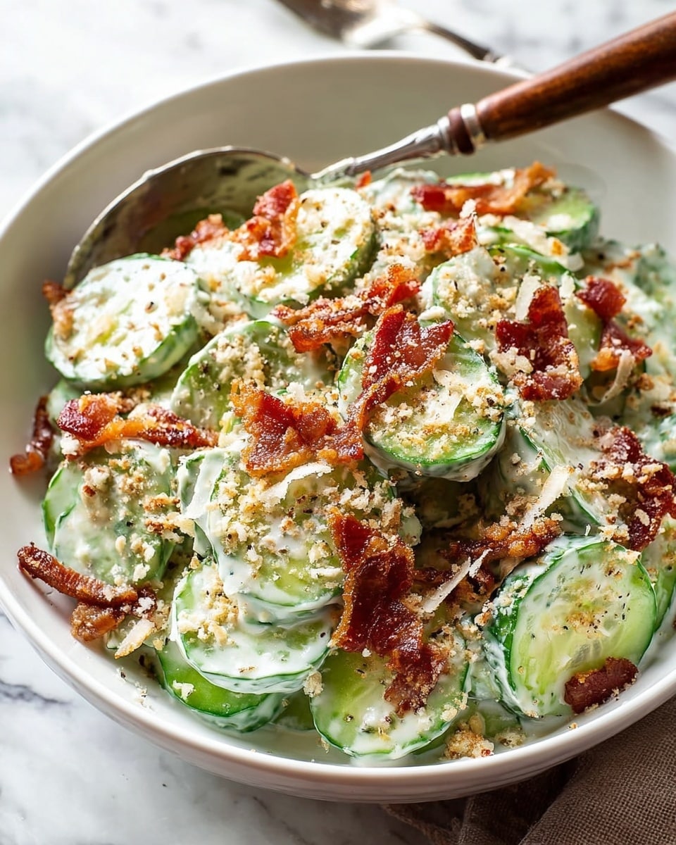 A white bowl filled with a creamy cucumber salad showing about three clear layers: bright green cucumber slices coated in a thick white creamy dressing form the base, scattered on top are thin, crispy, reddish-brown bacon pieces, and the dish is sprinkled with light brown crumbs and thin white cheese shavings for texture. A silver fork with a wooden handle rests inside the salad, all set on a white marbled surface. photo taken with an iphone --ar 4:5 --v 7