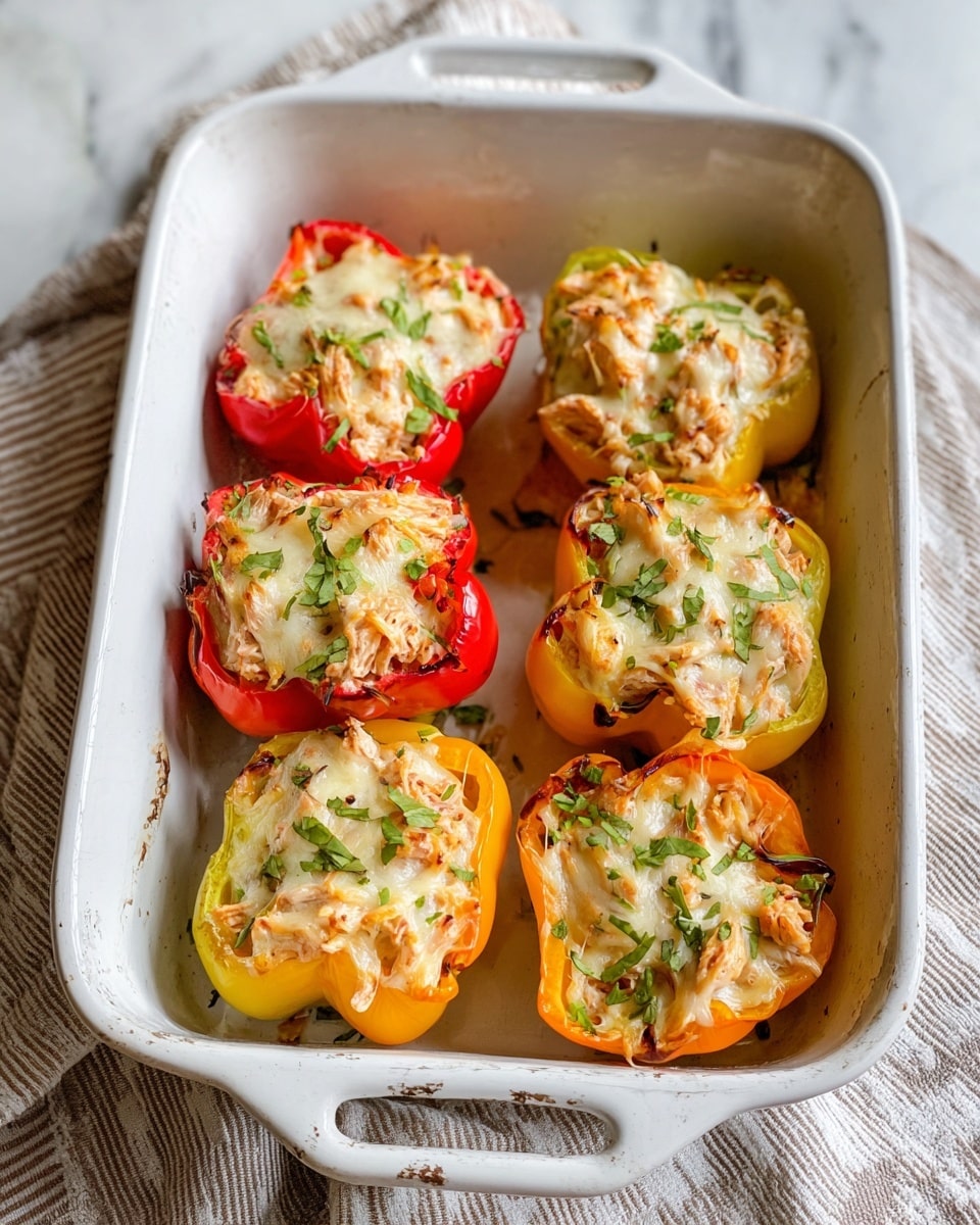 A white baking dish holds six stuffed mini bell pepper halves arranged in two rows of three. Each pepper half is filled with shredded chicken mixed with melted cheese and sprinkled with chopped green herbs on top. The peppers are red, yellow, and orange, showing a bright color contrast with the creamy white chicken filling. The edges of the dish have slight browned spots from baking. The dish is set on a white marbled textured surface with a cloth featuring white and muted brown stripes partially visible. Photo taken with an iphone --ar 4:5 --v 7