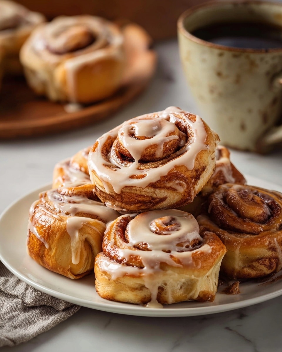 A white plate holds a stack of golden-brown cinnamon rolls with soft, fluffy layers visible from the side, each roll spiraled with a darker cinnamon filling. Creamy light beige icing is drizzled unevenly over the tops and sides of the cinnamon rolls, adding a glossy, smooth texture. The plate is set on a white marbled surface, next to a rustic ceramic cup filled with black coffee. The background is softly blurred, creating a warm, cozy atmosphere. photo taken with an iphone --ar 4:5 --v 7
