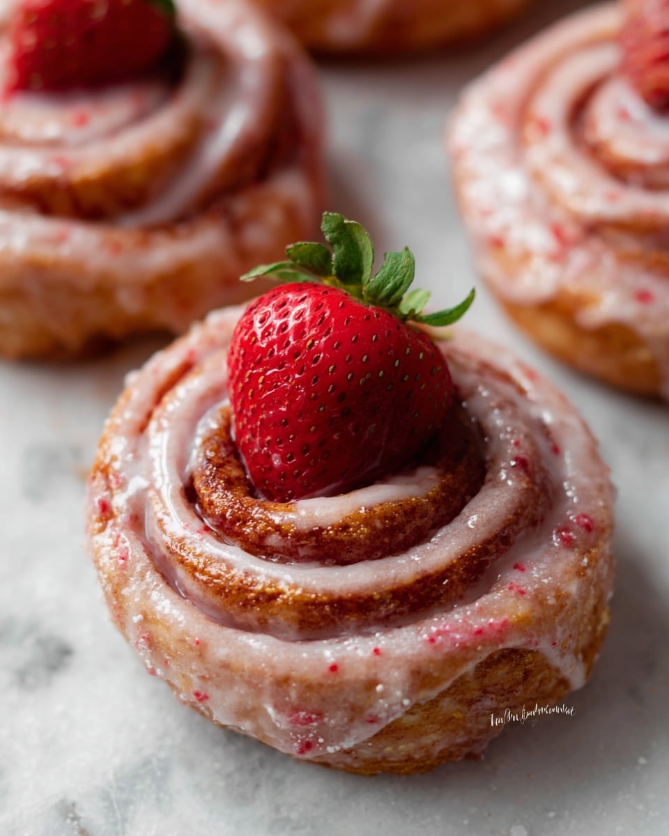 The image shows a close-up of a small round cinnamon roll with three visible spiral dough layers, baked to a golden brown color with a slightly rough texture. It is coated with a pinkish white glaze that has small red specks, which shimmer softly on the surface. At the center of the cinnamon roll sits a fresh, red strawberry with green leaves, adding a fresh and bright contrast to the warm tones of the pastry. The rolls rest on a white marbled textured surface, which adds a clean and elegant look to the background. Photo taken with an iphone --ar 4:5 --v 7