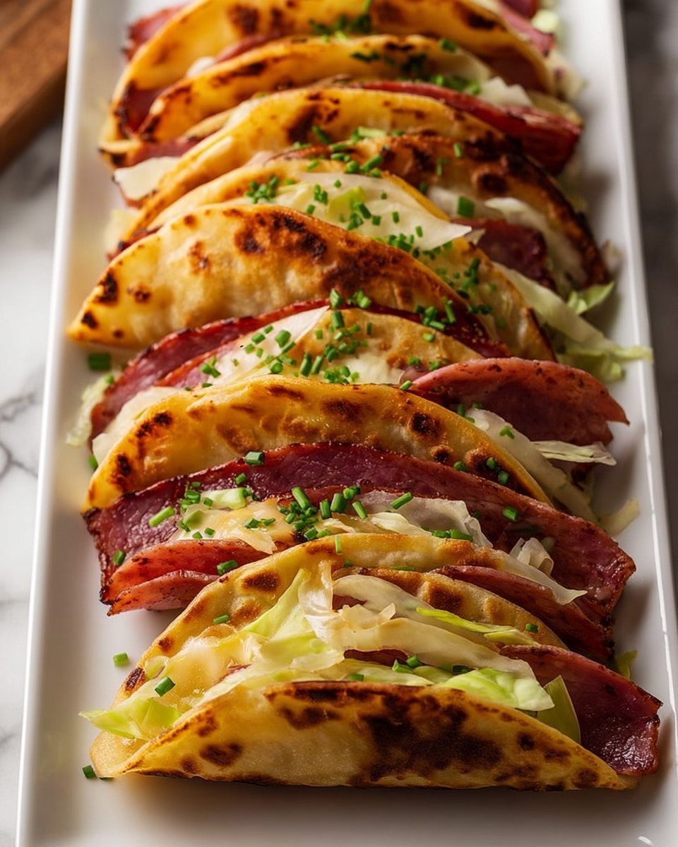 The image shows seven folded tacos arranged closely in a row on a white rectangular plate. Each taco has a golden-brown, slightly crispy tortilla shell with visible char marks, folded in half and holding layers of thinly sliced dark red cured meat, light yellow melted cheese, and pale green cabbage or lettuce pieces. The tacos are garnished with small green chive pieces sprinkled on top. The setting includes a white marbled surface underneath the plate. Photo taken with an iphone --ar 4:5 --v 7