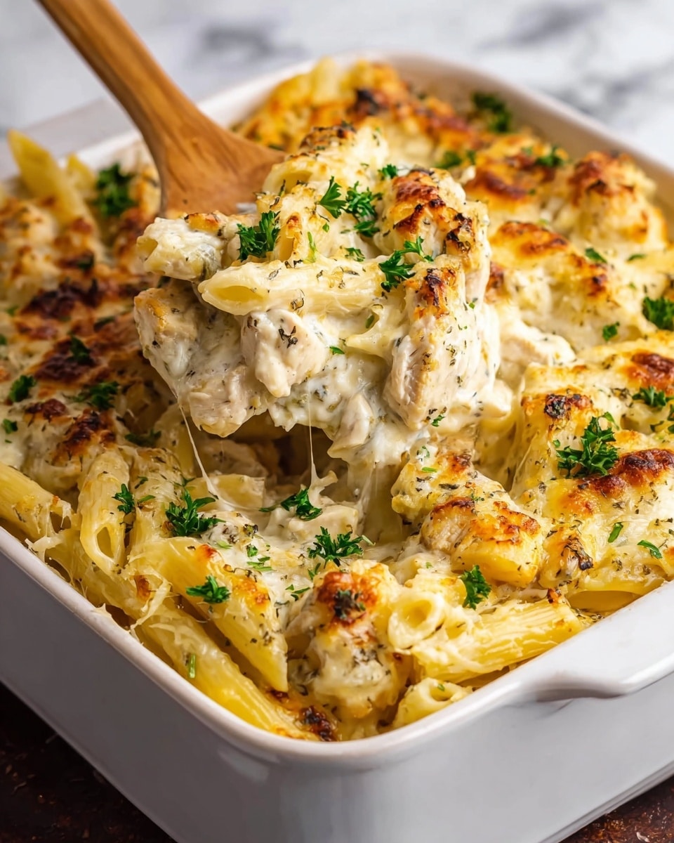 A close-up of a white plate filled with orzo pasta forming the base layer, light yellow and slightly glossy. On top sits a grilled chicken breast covered in a creamy white sauce with visible specks of black pepper. There are thin strips of yellow peppers and small crispy bits of browned bacon scattered over the chicken. Fresh green parsley leaves are sprinkled on the dish, adding a touch of color. To the right side of the plate, a fork with a wooden handle rests on the edge. The background is a white marbled texture. photo taken with an iphone --ar 4:5 --v 7