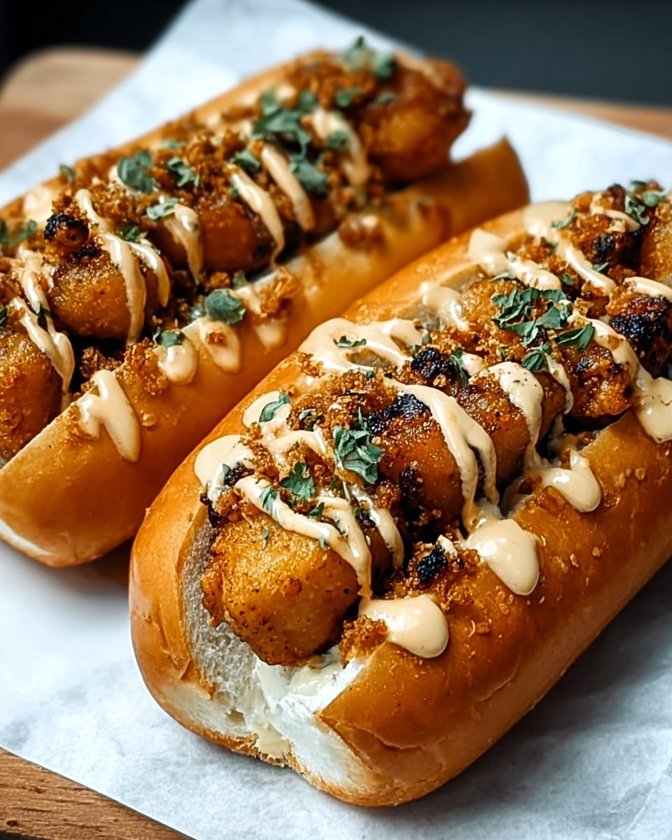 Two hot dog buns filled with golden brown, crispy fried pieces of chicken that have a slightly charred texture. Each bun has a thick layer of light brown creamy sauce spread on the bottom inside with some drizzled on top of the chicken, sprinkled with small green herb leaves. The buns are soft with a slight shine on the crust, placed on white paper on a white marbled textured surface. The photo taken with an iphone --ar 4:5 --v 7