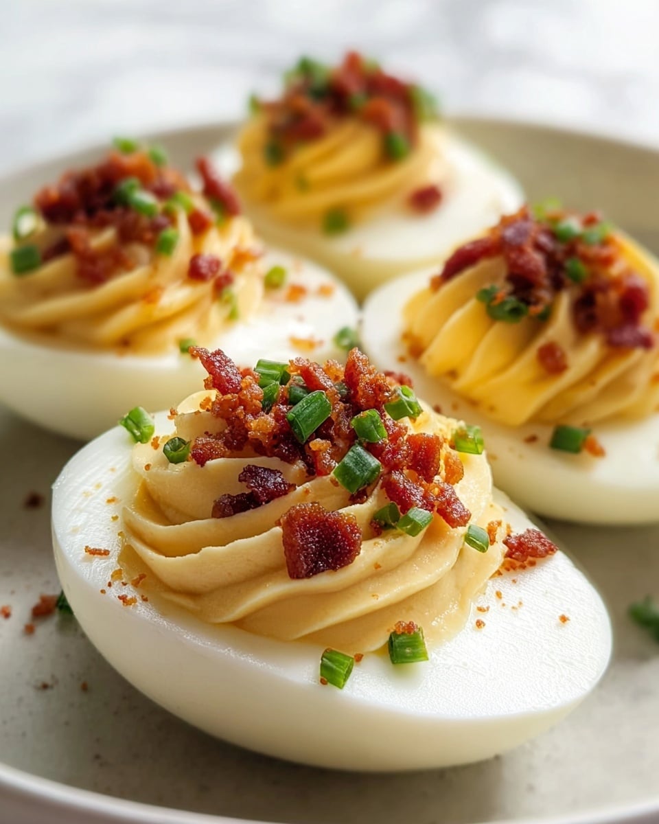 A close-up of four deviled eggs arranged on a white plate with a white marbled texture background, each egg is cut in half showing a smooth, creamy pale yellow yolk filling swirled neatly into the white egg white base, topped with small crispy reddish-brown bacon bits and sprinkled with bright green chopped chives, the front deviled egg is sharply in focus while the others softly blur behind it, giving a fresh and appetizing look. photo taken with an iphone --ar 4:5 --v 7