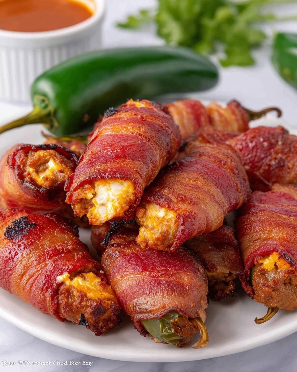 The image shows a white plate with six bacon-wrapped jalapeño poppers neatly arranged. Each popper has two layers: a bright red, slightly crispy bacon outer layer wrapped around a golden brown, textured filling of cream cheese and sausage inside, visible at the ends. At the back, there is a small white bowl filled with a reddish dipping sauce, partly blurred. Green garnish and a green jalapeño pepper sit beside the plate on a white marbled surface. Photo taken with an iphone --ar 4:5 --v 7