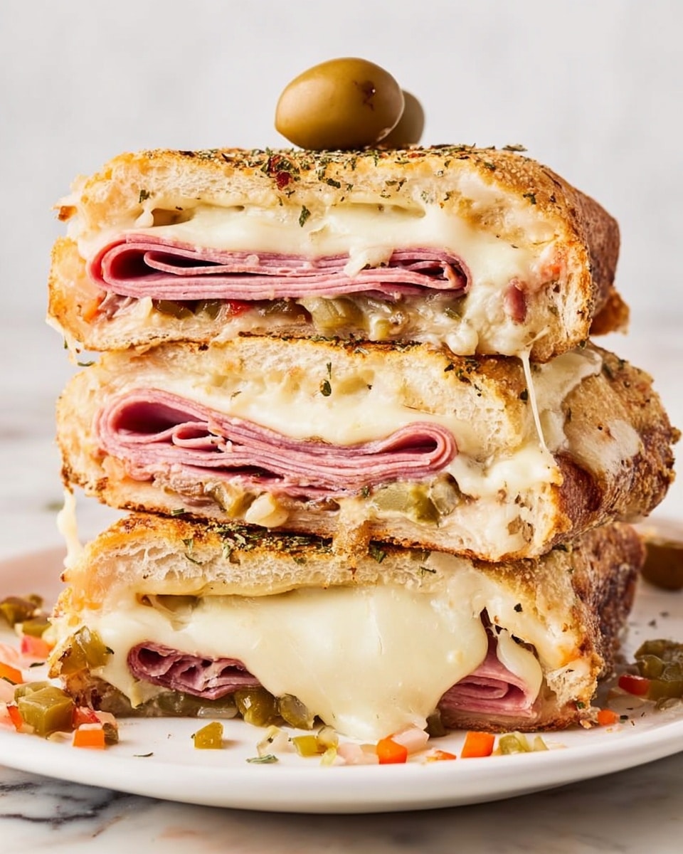 The image shows three layers of a stuffed sandwich stacked on top of each other on a white plate, all on a white marbled surface. The sandwich has a golden-brown crust that looks crunchy and is sprinkled lightly with herbs. Inside, the first layer is melted white cheese that is stringy and creamy, followed by thin, folded slices of dark pink ham or salami. There are small bits of green and orange vegetables mixed throughout, likely peppers or olives, adding color and texture. Two light brown olives rest on top of the stack, and scattered pieces of the vegetables surround the sandwich on the plate. photo taken with an iphone --ar 4:5 --v 7