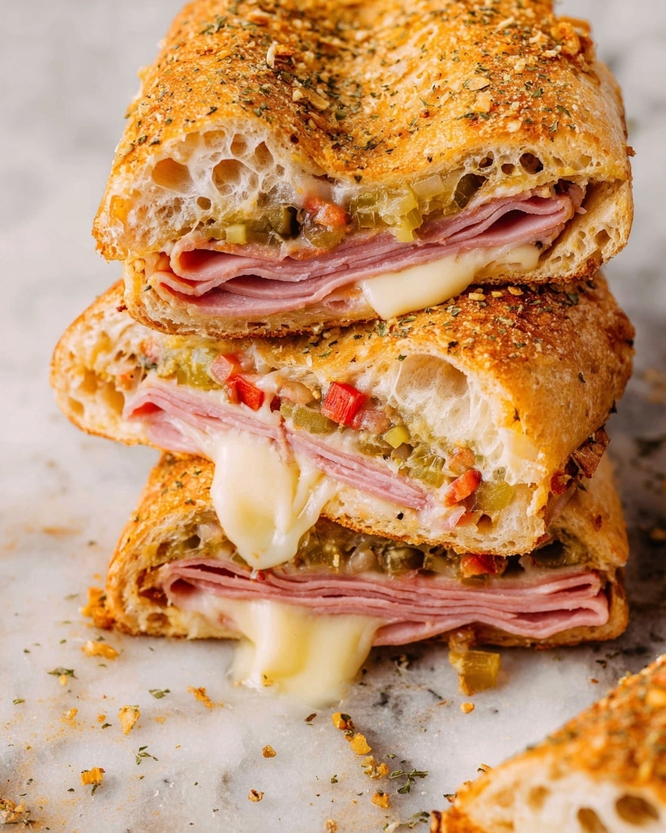 The image shows three sandwich pieces with a golden brown crust sprinkled lightly with oats and herbs on a white marbled surface. Each sandwich has several folded layers of pink ham and melted white cheese in the middle, with a shiny, gooey texture. The top layer above the ham and cheese is a mix of finely chopped green, red, and light brown vegetables, adding a colorful, chunky texture. The inside bread looks soft and light beige, while the outside is firm and golden. Melted cheese stretches slightly from the sandwich pieces as they are stacked closely. Photo taken with an iphone --ar 4:5 --v 7