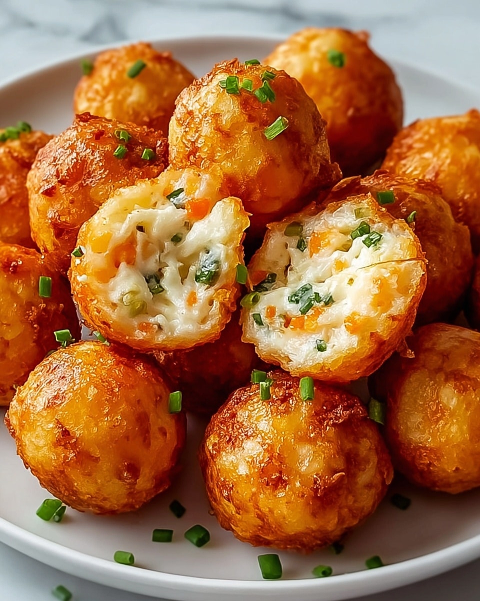 The image shows a group of golden-brown fried balls placed on a white plate, with one ball split open on top revealing its inside. The outer layer is crispy and has a shiny, slightly rough texture, while the inside is soft and creamy white with small pieces of green herbs and tiny orange bits, suggesting vegetables mixed within. The balls are garnished with small cuts of green herbs scattered around them. The background is a white marbled texture, giving a clean and bright look. photo taken with an iphone --ar 4:5 --v 7