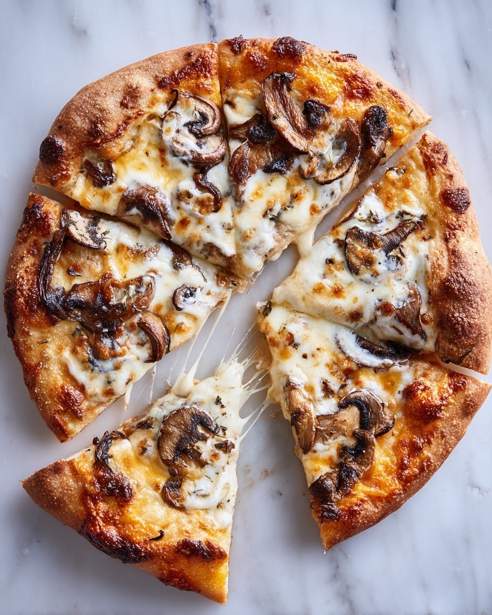 A round pizza cut into four pieces sits on a white marbled surface. The pizza crust is golden brown and slightly thick with a textured, baked look. The first layer is a thin spread of light orange sauce visible near the edges. On top, melted white cheese stretches between two separated slices, showing its gooey texture. Dark brown grilled or roasted mushrooms cover each slice in uneven patches, adding a rich, slightly charred look. The overall colors are warm with creamy white cheese, golden crust, and dark mushroom spots. photo taken with an iphone --ar 4:5 --v 7