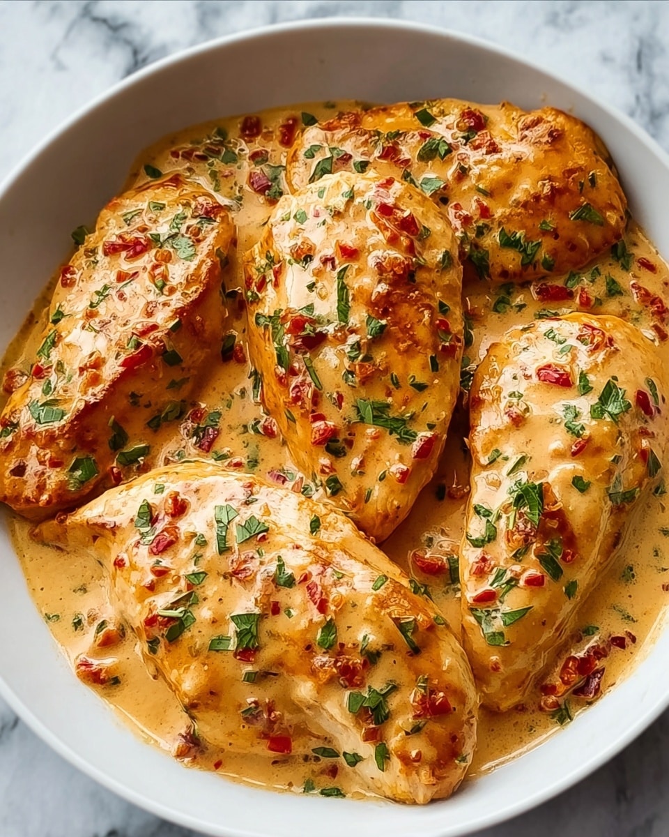 The image shows a white bowl filled with five pieces of cooked chicken breasts covered in a creamy sauce. The sauce is light orange with small bits of red pepper and green herbs sprinkled all over the chicken. The chicken pieces have a tender, slightly browned texture beneath the sauce. The sauce looks thick and rich, pooling smoothly around the chicken in the bowl. The bowl is placed on a surface with a white marbled texture. photo taken with an iphone --ar 4:5 --v 7