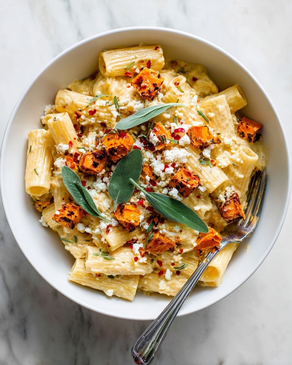 A white bowl filled with creamy rigatoni pasta as the base layer, showing a smooth texture with light yellow color. On top, there are golden-brown roasted chunks of sweet potato scattered evenly, adding a rough and slightly crispy look. Sprinkled over everything are small white crumbles of cheese and bright red chili flakes for contrast. Fresh green sage leaves lay on top, creating a vibrant, fresh touch with their matte texture. A shiny silver fork rests on the right edge of the bowl. The bowl is placed on a white marbled surface. Photo taken with an iphone --ar 4:5 --v 7