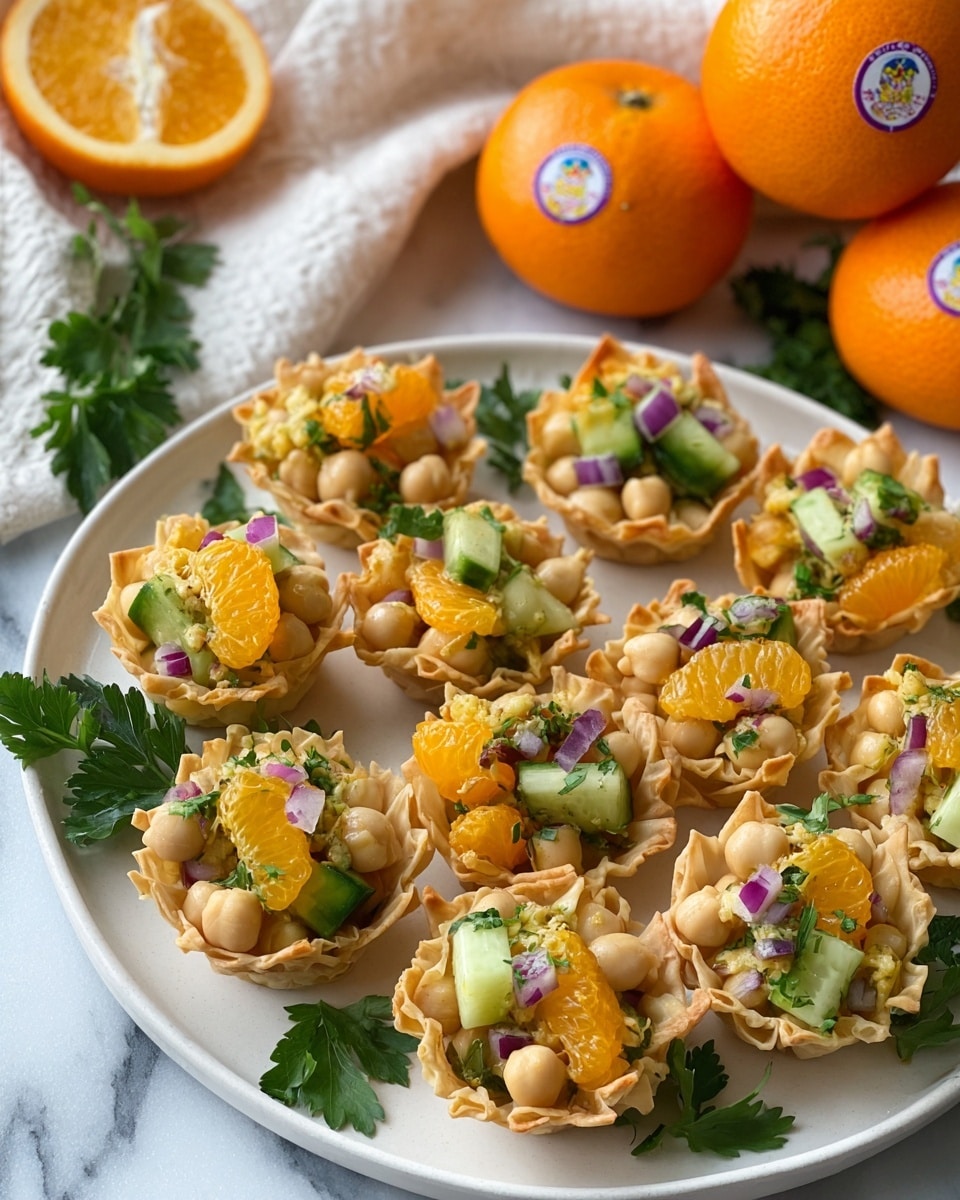 A white plate with many small crispy phyllo pastry cups filled with colorful layers: bright orange citrus pieces, pale beige chickpeas, light green cucumber cubes, small purple onion chunks, and sprinkled green herbs on top. The plate sits on a white marbled surface. There are two large bright orange sumo citrus fruits with stickers in the background, along with some green parsley sprigs scattered around the plate. A white cloth is partially visible to the left side. photo taken with an iphone --ar 4:5 --v 7
