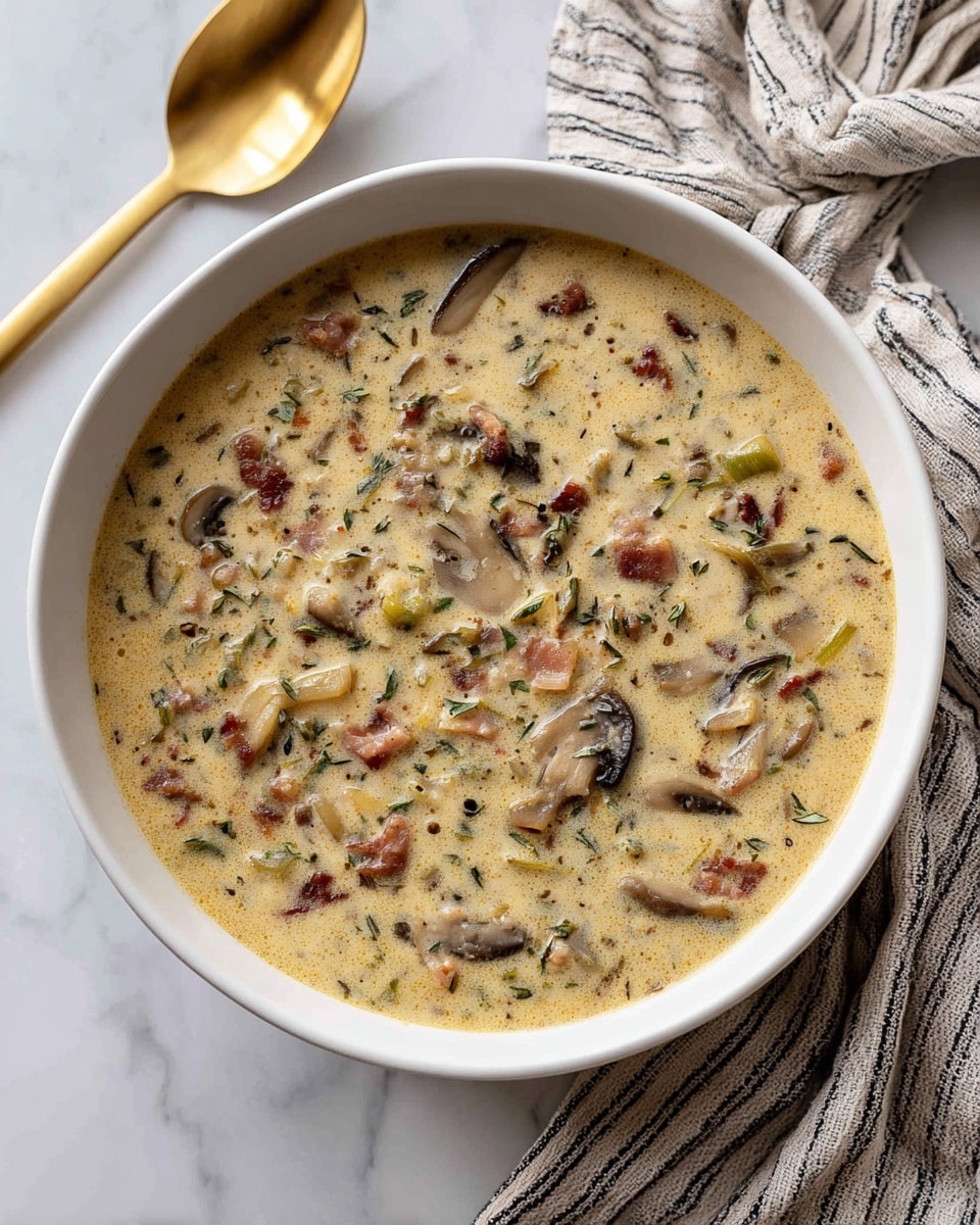 The image shows a bowl of creamy soup with small pieces of mushrooms and bits of bacon or ham mixed evenly throughout. The soup is thick and beige in color with some green flecks from herbs or green vegetables. The bowl is white and round, placed on a white marbled surface next to a golden spoon and a striped cloth. The texture appears smooth with chunks giving it a hearty look. Photo taken with an iphone --ar 4:5 --v 7